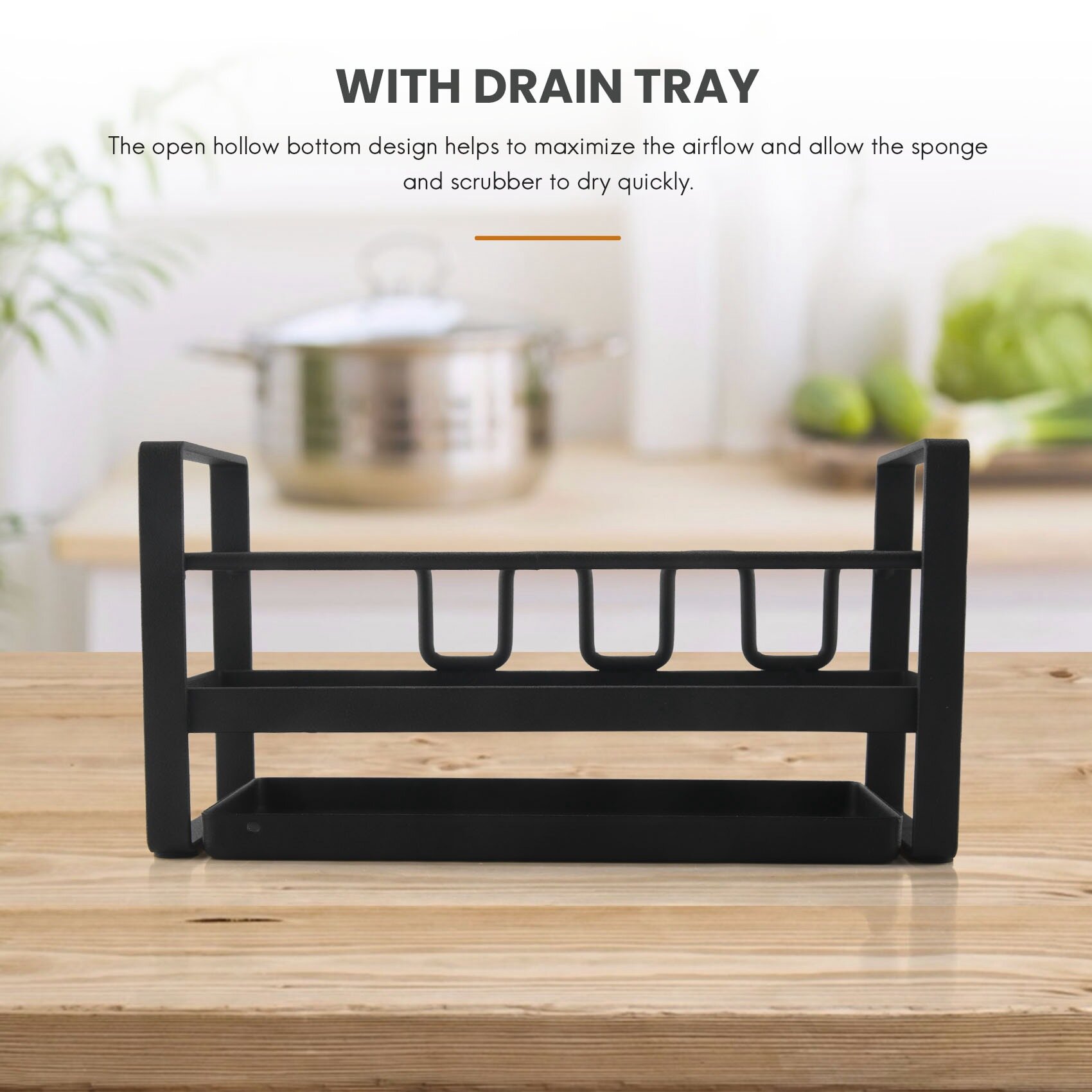for Kitchen Sink Organizer Brush Holder Cleaning Soap Brush Drain Rack with Drain Tray, Multifunction, (Black)